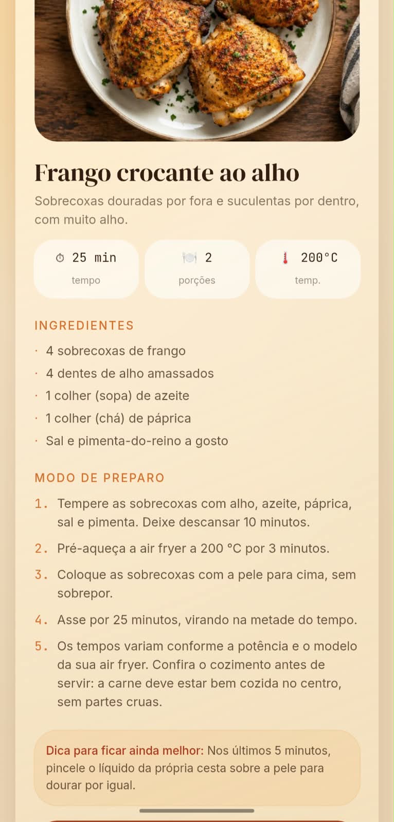 Ingredientes e modo de preparo de uma receita no JantaAir